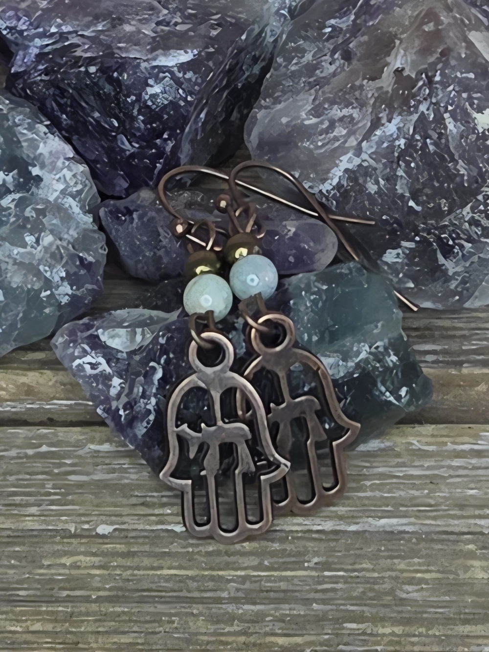 Blue-Green Amazonite, Bronze and Copper Hamsa/Chai Drop and Dangle Earrings